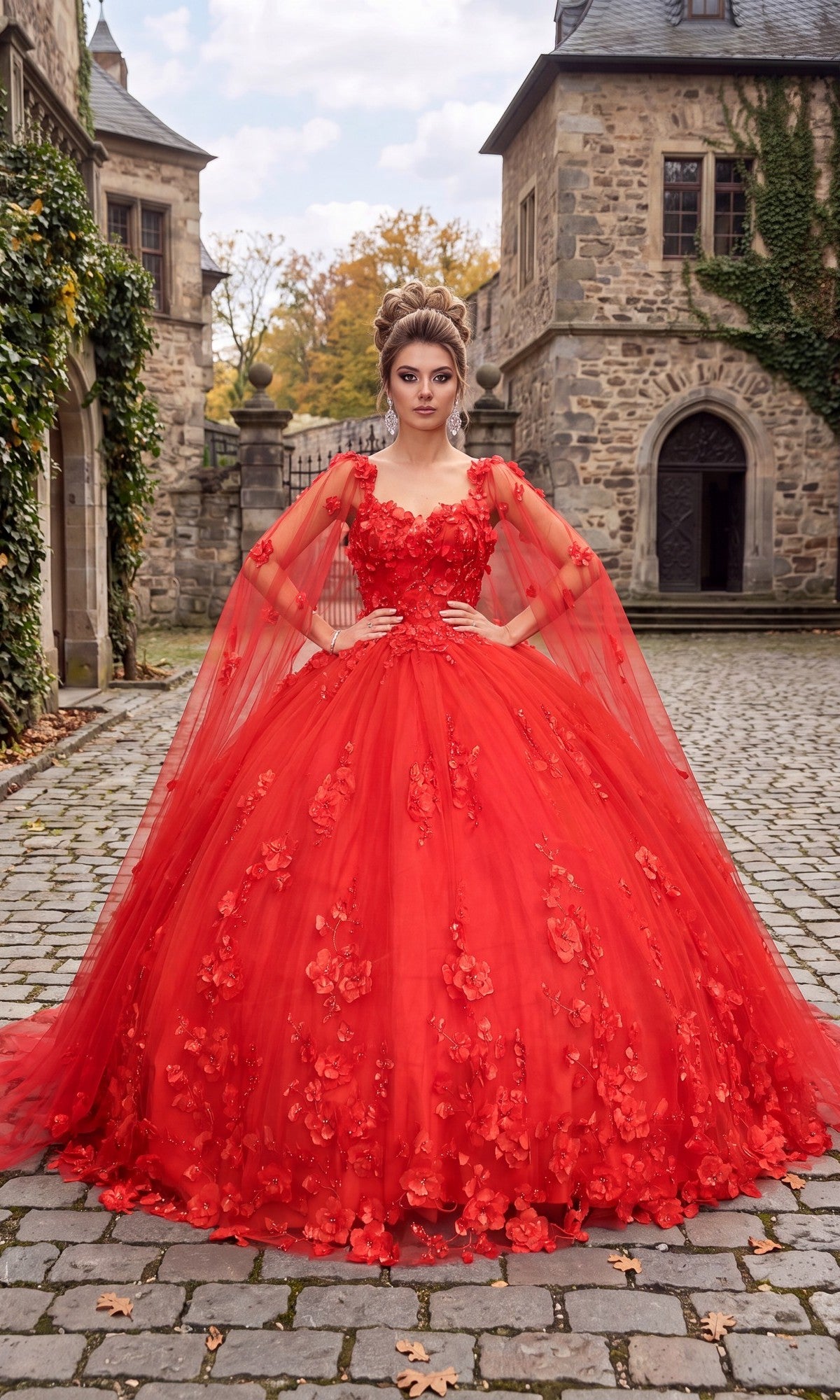 A woman in the Quinceanera Dress CHF3018 By Chicas, a bright red ball gown, stands on a cobblestone path between stone buildings, with greenery and autumn trees in the background.